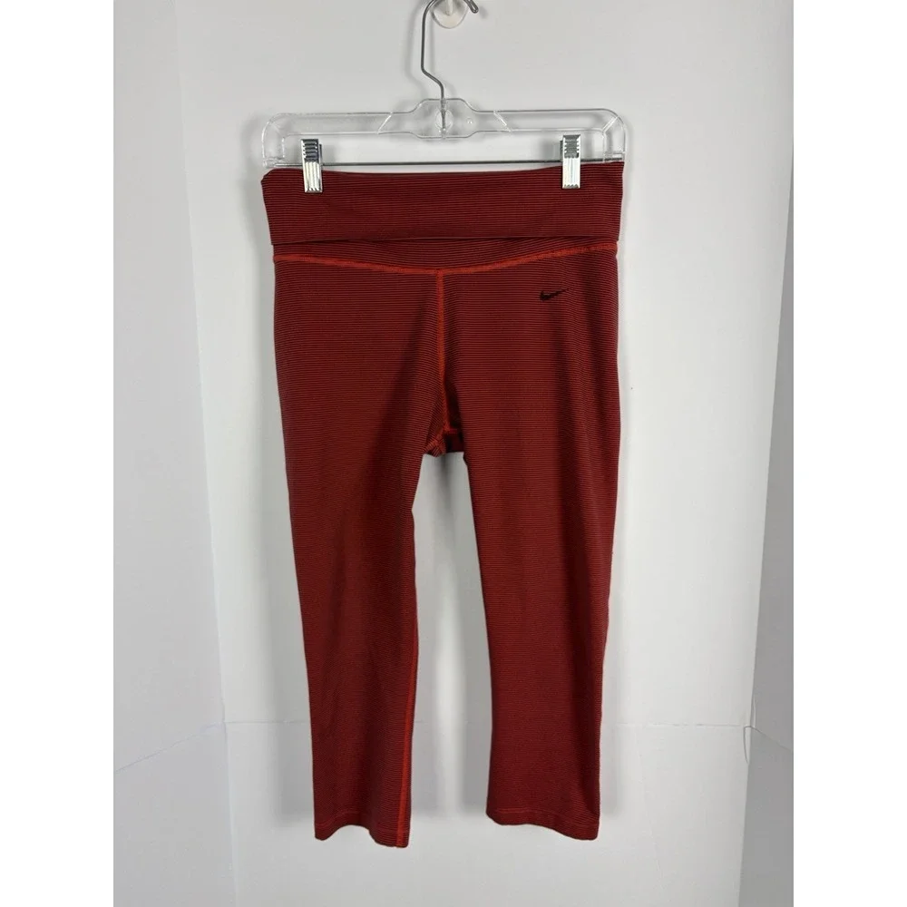 Nike Dri-FIT Foldover Capri Leggings Women's Small Red Black Striped Athletic